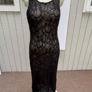 Vintage black lace stretch ankle length sheer dress. Size small